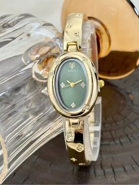 Anthropologie Gold-Tone Bracelet Watch with Emerald Green Dial